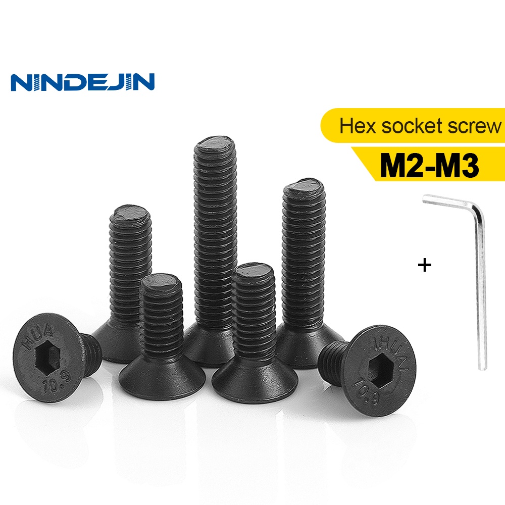 Nindejin 55 ชิ้น Hex ซ็อกเก็ตแบน Countersunk หัวสกรูเหล็กคาร์บอน M2 M2.5 M3 ซ็อกเก็ตหกเหลี่ยมสลักเกลียวเครื่องสกรู Din7991