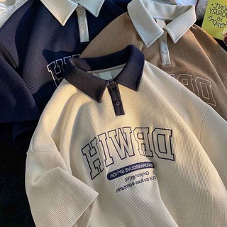 ฤดูร้อนใหม่ สไตล์เกาหลี แฟชั่นผู้ชาย แขนสั้น วาฟเฟิล คอปก เสื้อยืด ขนาดใหญ่ หลวม เสื้อโปโล polo oversize unisex