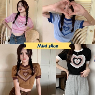 Mini shop🌸พร้อมส่ง🌸(80049) เสื้อยืดไหมพรมแขนสั้น คอกลม ลายหัวใจสีพาสเทลน่ารัก -C