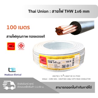 THAI UNION สายไฟ THW 1×6 mm สายไฟเดี่ยว IEC01 แกนแข็ง มอก​. ยี่ห้อ ไทยยูเนี่ยน ยาว 100 เมตร