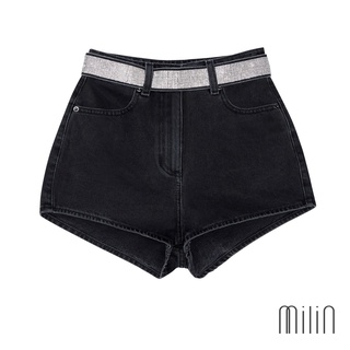 [MILIN] Hot Shorts Micro denim shorts with crystal embellished belt กางเกงขาสั้นแต่งเข็มขัดคริสตัล Grey Wash