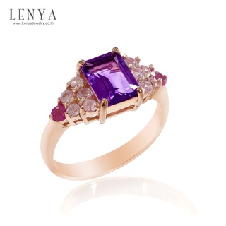 Lenya Jewelry แหวนแหวนสีม่วง ประดับแซฟไฟซ์สีชมพู และทับทิม ตัวเรือนเงินแท้ชุบสีพิ้งค์โกลด์ (Pink Gold)