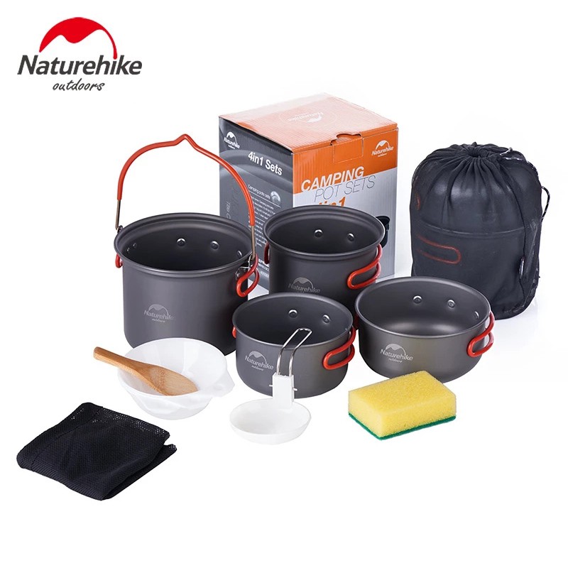 Naturehike Camping Ultralight Backpacking เครื่องครัวอลูมิเนียมบนโต๊ะอาหารเครื่องครัวแบบพกพาหม้อทําอาหารชุดกระทะ