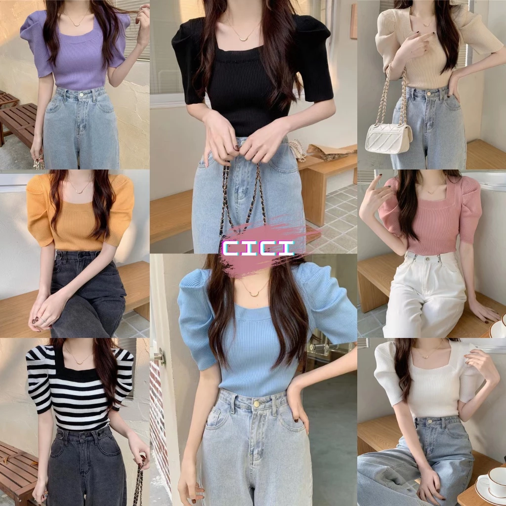 ส่งทันที Cici(NO. 6A40-1) เสื้อไหมพรมแขนสั้น คอเหลี่ยมดีเทลแขนพอก พรางแขน ทรงเป้ะ น่ารักมากกก