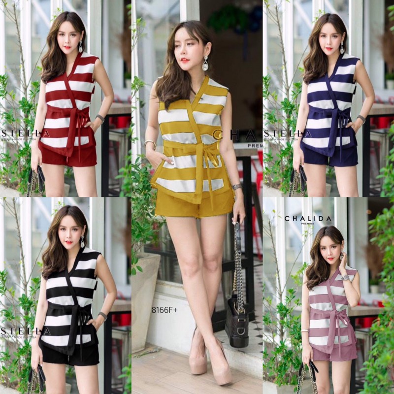 set 2 ชิ้น เสื้อลายริ้ว แขนกุด ทรงผูกเชือกแบบกิโมโน มาคู่กับกางเกงสีพื้นขาสั้นTT8166
