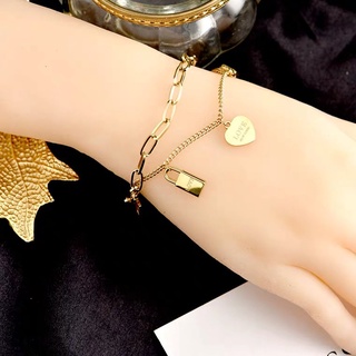 สร้อยข้อมือโซ่ เหล็กไทเทเนียม ชุบทอง 18k สีโรสโกลด์ สองชั้น ไม่สม่ําเสมอ