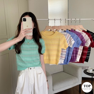 🔥พร้อมส่งไทย ราคาถูก🔥เสื้อยืดไหมพรม ลายริ้วเล็ก 8 สีพื้น