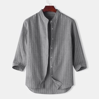 [พร้อมส่ง]เสื้อเชิ้ตผ้าลินิน，สำหรับผู้ชาย เสื้อเชิ้ตคอจีนแขนยาว，ลายทางแนวตั้ง