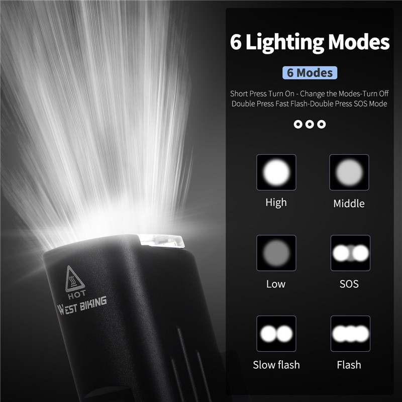 WEST BIKING IPX6ไฟจักรยานกันน้ำ1300Lumens 4500 MAhไฟLEDแบบสว่างจักรยานไฟหน้ายูเอสบีชาร์จได้ขี่จักรยานโคมไฟไฟท้ายอุปกรณ์ขี่จักรยานกลางแจ้ง - รูปที่ 2