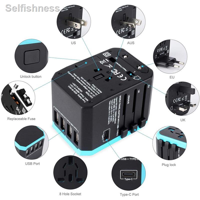 🐝คุณภาพสูง🐝❂□✜หัวแปลงปลั๊กไฟ Universal  Travel  Adapter 4 USB +1 Type-C 5V 3A ท่องเที่ยวปลั๊กแปลงปลั