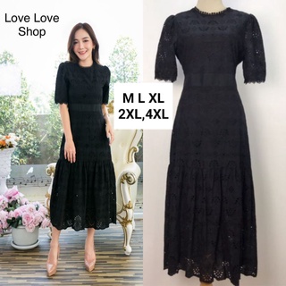 เดรสดำออกงาน!!! M-4XL Maxi Dress เดรสสีดำ,เดรสสีขาวผ้าฉลุลายแขนพอง งานป้าย