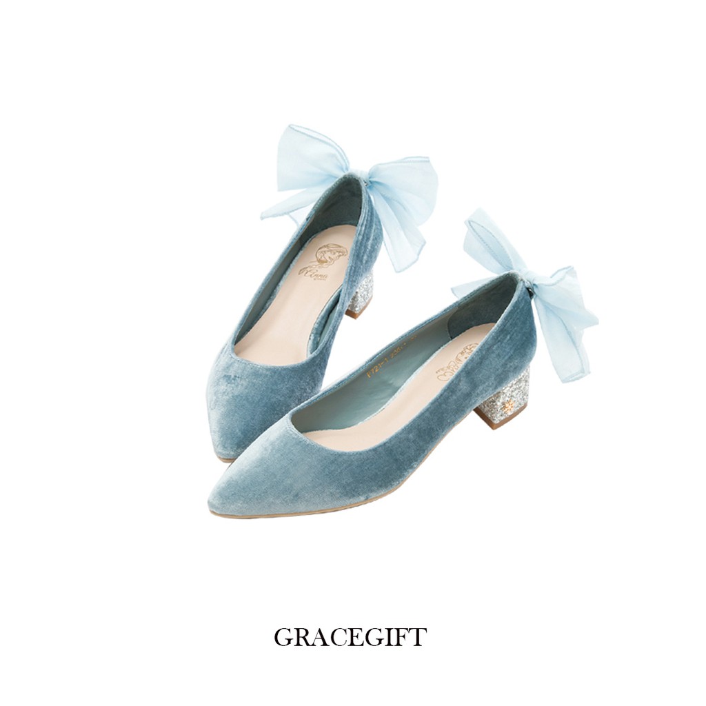 [พร้อมส่ง] Disney x Gracegift รองเท้าส้นสูง Frozen 2 way ribbon sparkle heel สีฟ้า