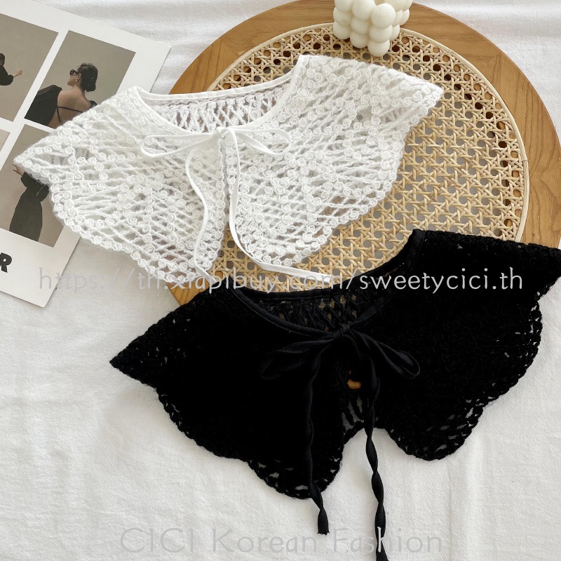 Cici ผ้าคลุมไหล่ ผ้าพันคอ ลูกไม้ ประดับโบว์ แฟชั่นสําหรับผู้หญิง