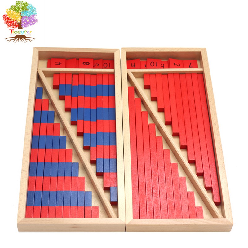 Montessori สอนคณิตศาสตร์กล่องไม้ขนาดเล็กสีแดงและสีฟ้าติดนับแท่งยาวแนวคิดตัวเลขความรู้ความเข้าใจของเล่นปริศนาไม้