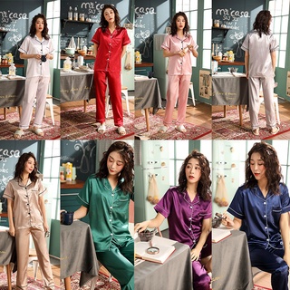 ชุดนอนผ้าซาติน  แขนสั้น/ขายาว  ชุดนอนสีพื้น น่ารัก ผ้าซาตินนิ่มใส่สบายไม่เครืองผิวสีสด