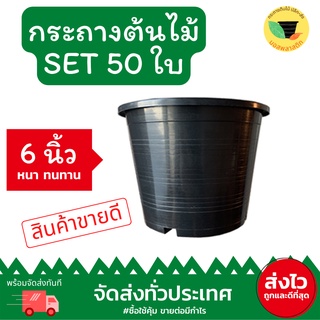 (เก็บโค้ดส่งฟรีหน้าร้านค้า) กระถางต้นไม้พลาสติก 6 นิ้ว แพ็ค 50 ใบ สีดำ จานรอง 6 นิ้ว 50 ใบ