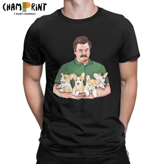 เสื้อยืดผ้าฝ้ายพิมพ์ลายแฟชั่น เสื้อยืด ผ้าฝ้าย พิมพ์ลายสุนัขคอร์กี้ Ron Swanson Holding สไตล์วินเทจ สําหรับผู้ชาย