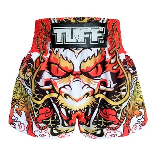 กางเกงมวย กางเกงมวยไทย กางเกงกีฬาTUFF สีขาว แดง ลายมังกร TUFF Muay Thai Boxing Shorts Dragon King in White