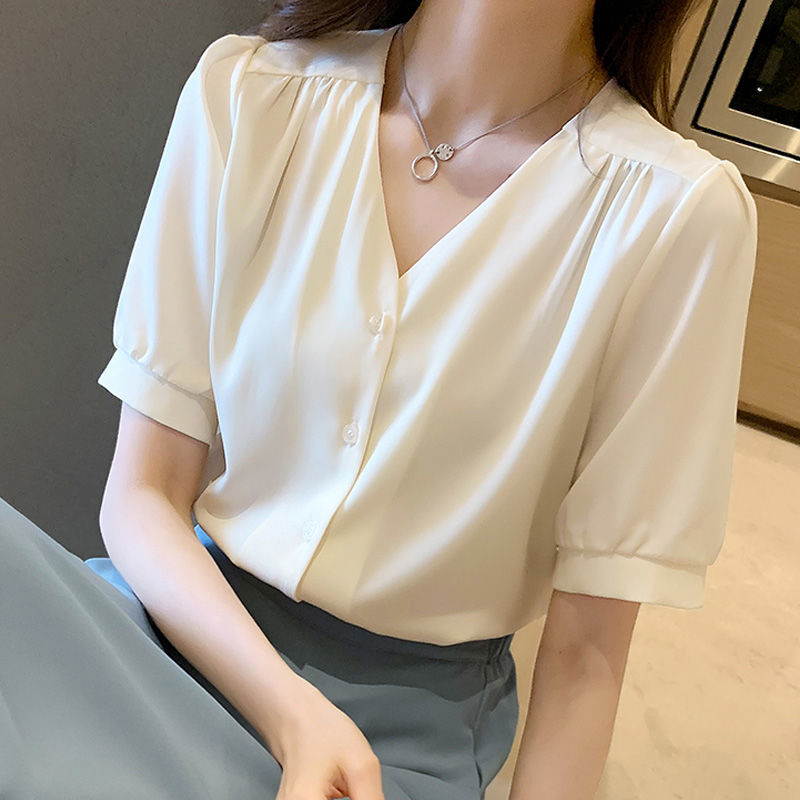 เสื้อผ้าแฟชั่น ผู้หญิง แขนสั้น ผ้าชีฟอง น่ารักแบบเกาหลี ใส่ทำงาน เสื้อเชิ้ต ขนาดใหญ่ S-4XL