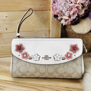 🌺FLAP CLUTCH IN SIGNATURE CANVAS WITH FLORAL APPLIQUE (COACH F72995) LIGHT KHAKI MULTI/IMITATION GOLD