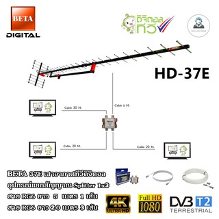 BETA HD-37E เสาอากาศทีวีดิจิตอล + Splitter dBy 1x3 + สาย RG6 5m.x1 (f-f) + 20m.x3 (f-tv)