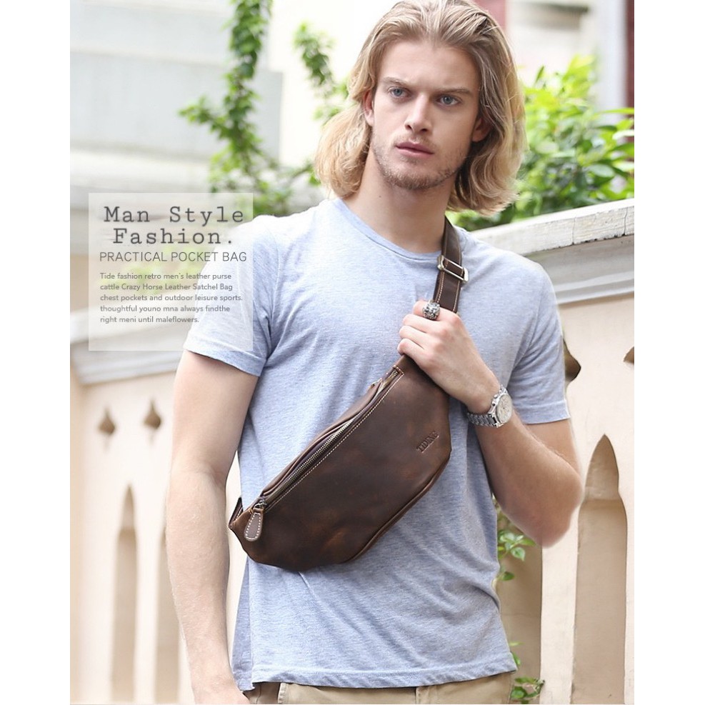 กระเป๋าคาดเอว/คาดอก ผู้ชาย หนังแท้ สไตล์ยุโรป (สีน้ำตาล,สีเขียวขี้ม้า)