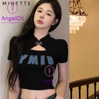 Angelcity※เสื้อยืดกี่เพ้า แขนสั้น สีดํา แฟชั่นฤดูร้อน สําหรับผู้หญิง