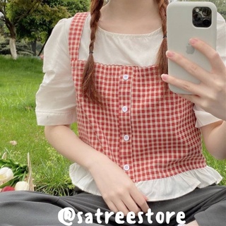 [ทักแชทก่อนสั่ง] Gingham kitchen puff top เสื้อเอี๊ยมเย็บติดกัน เหมือนใส่สองชั้นกรุบกริบ แขนตุ๊กตาแต่งย่นๆคิ้วท์เว่อร์