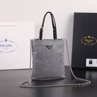 PRADA VELA MINI LEATHER TRIMMED EMBELLISHED NYLON CRYSTAL BAG IN BLACK กระเป๋าถือ แบรนด์ปราด้า คริสตัลสีเงิน