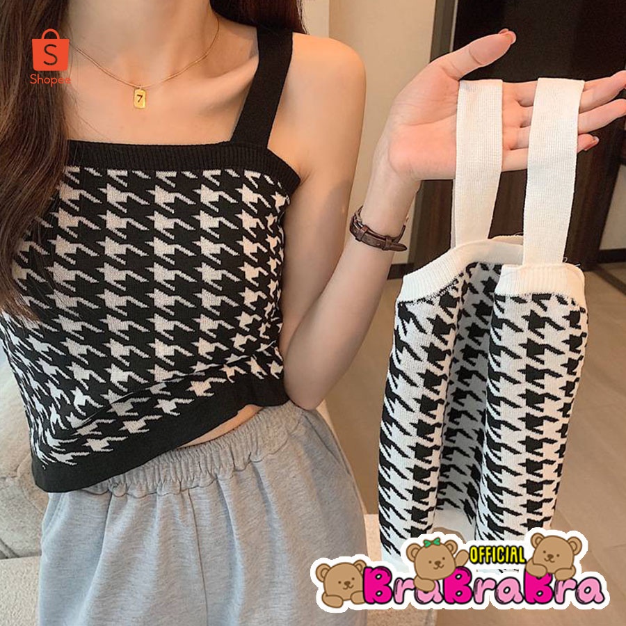 [ส่งจากไทย] 𝑩𝒓𝒂𝑩𝒓𝒂𝑩𝒓𝒂 #f-095 สายเดี่ยว ไหมพรม ลาย ขาวดำ