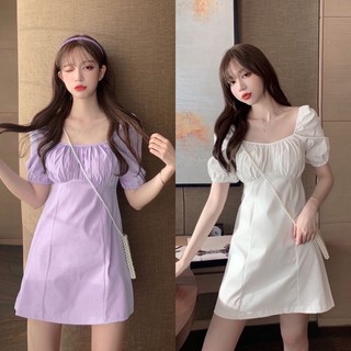 Smart 👚ชุดเดรส กระโปรงสั้นเหนือเข่า ตรีมฝรั่งเศษ  เรียบหรู ดูคุณหนูผู้ดี  มีสองสี ขาวสะอาด ม่วงพาสเทล รุ่น 672#