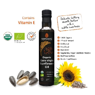 Rawganiq น้ำมันเมล็ดทานตะวัน ออร์แกนิค - Organic Extra Virgin Sunflower Seed Oil ขวดแก้ว 275 ML