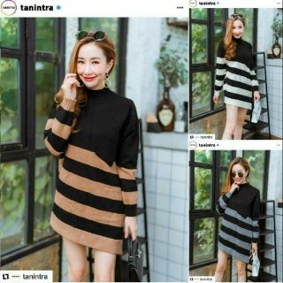 Dress Linesweater เดรสไหมพรมแขนยาว งานสวยมาก แต่งกระเป๋าหน้าพร้อมลายสลับสีทูโทนสลับดำ