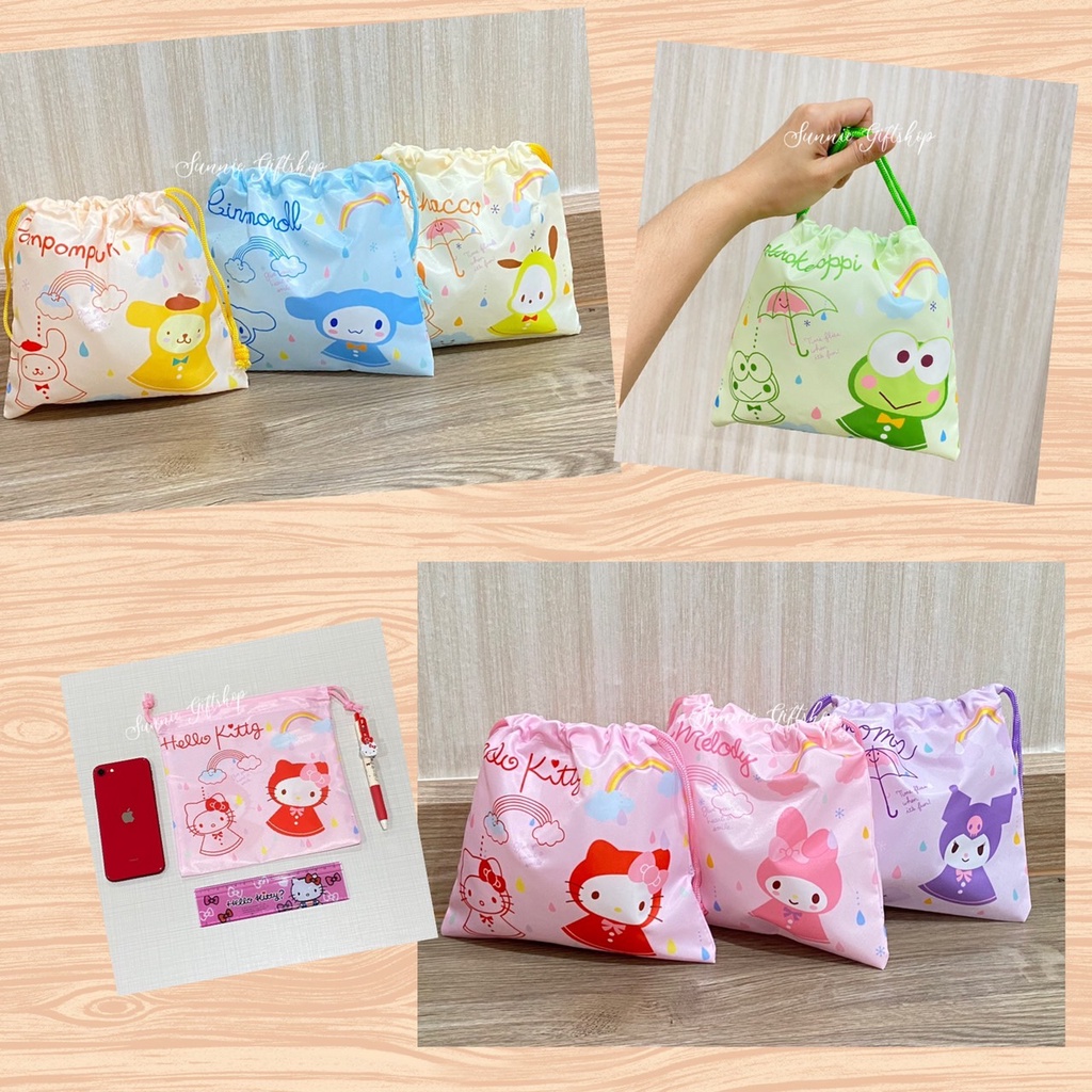 พร้อมส่ง ถุงผ้าหูรูดลายการ์ตูน ผ้าลื่น Kitty Melody Sanrio