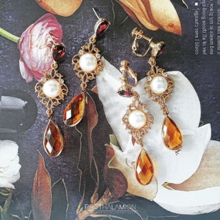 Vintage Crystal Red Gem Pearl 925 Silver Clip Earrings ต่างหู ตุ้มหู หนีบ วินเทจ ก้านเงิน แท้ มุก คริสตัล พลอย