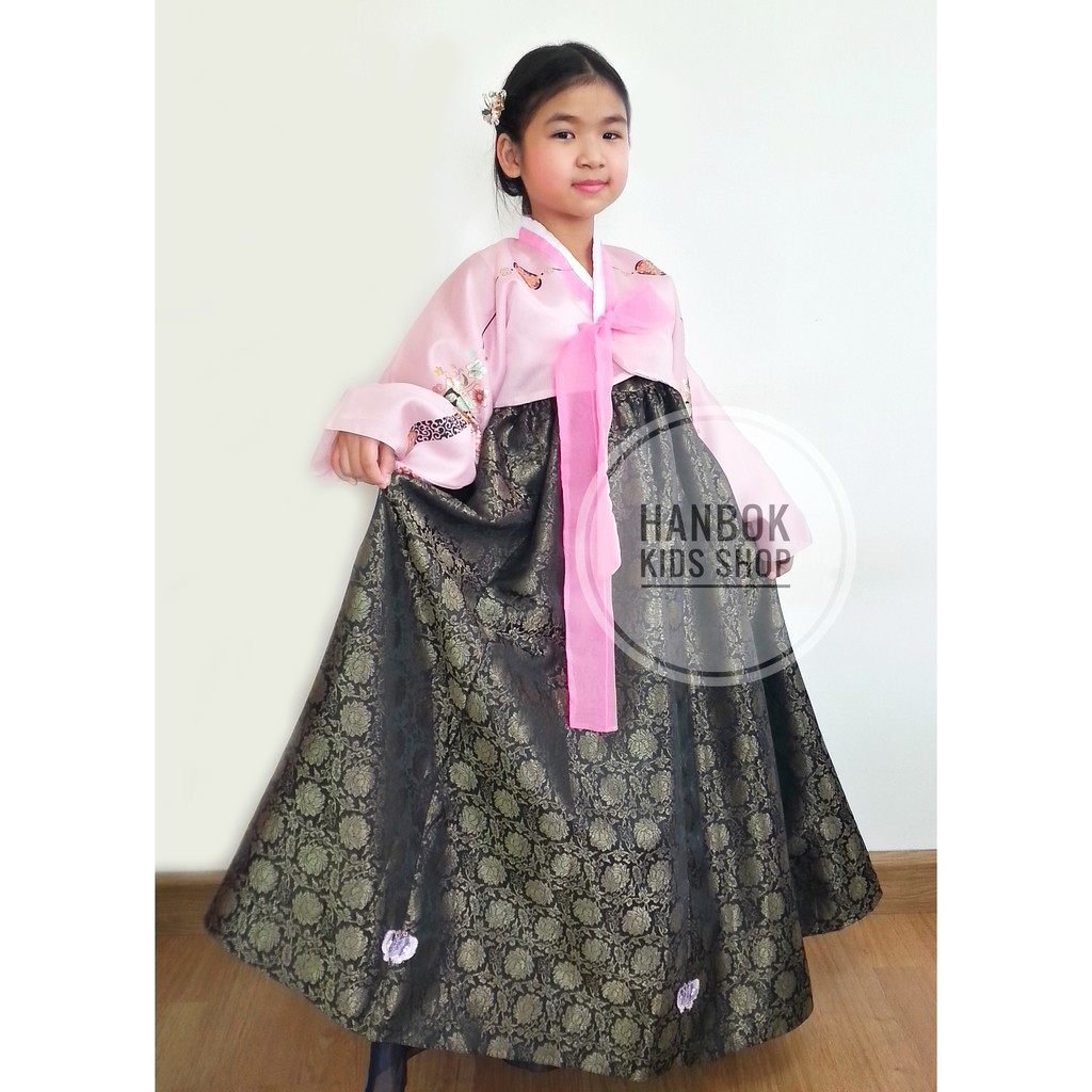 ชุดฮันบกเด็กหญิง Premium สีชมพู-ดำ สำหรับเด็ก 9-10 ปี