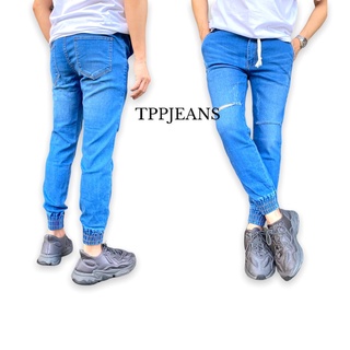 JEANSEXPRESS JOGGER LIGHT BLUE กางเกงยีนส์จ็อกเกอร์สีบลูฟอกขาดเข่า เป้าซิป เอวยาง Size 28-36 รับชำระปลายทาง