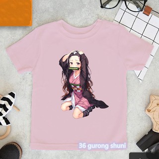 เสื้อยืด พิมพ์ลายการ์ตูนอนิเมะ Demon Slayer Nezuko สีชมพู แฟชั่นฤดูร้อน สไตล์ฮาราจูกุ สําหรับเด็กผู้หญิง 2021