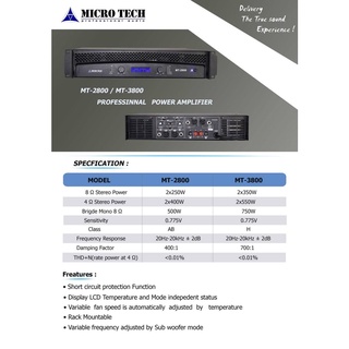 แอมป์ขยาย MICRO TECH MT-2800 หม้อแปลง 400w+400w มีครอสโอเวอร์ในตัว วัตต์สูง 400w+400w