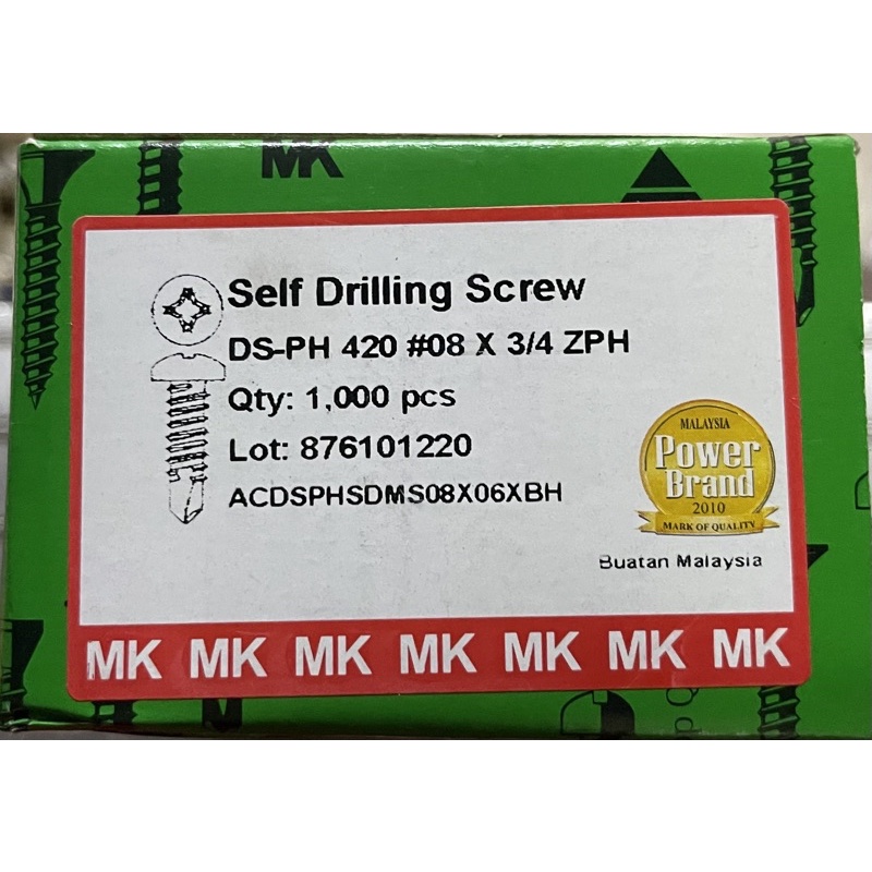 MK 420 DS-PH สกรูเจาะตัวเอง 08 X 3/4" ZPH (1000 ชิ้น) สกรูสําหรับโลหะ SKRU EKOR UDANG KUNCI BESI CEI