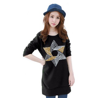 เสื้อยืดแขนยาว / แซกสั้น ผ้านุ่ม กระเป๋าข้าง ลาย Star (สีดำ)