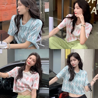 เสื้อผ้าแฟชั่น เสื้อไหใพรมคอปก ลายตารากหมากรุก สไตล์เกาหลี สีน่ารักมาก