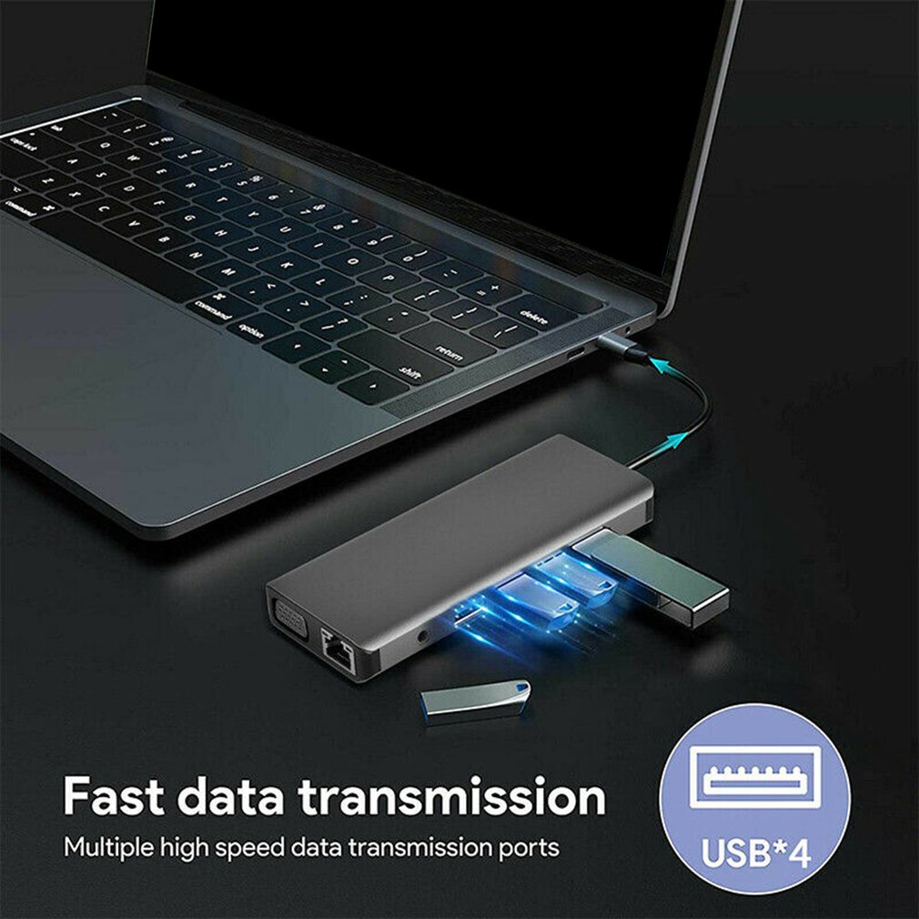 12in1 ฮับ USB c Type-c เป็น HDMI 4k VGA RJ45 SD TF การ์ดรีดเดอร์ Usb3.0 สําหรับโน้ตบุ๊ก แล็ปท็อป