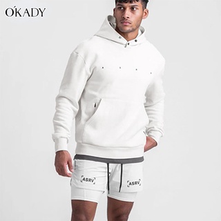 OKADY เสื้อกันหนาวมีฮู้ดสีพื้นสำหรับผู้ชาย,เสื้อกันหนาวมีฮู้ดสำหรับเล่นกีฬาเสื้อผ้าออกกำลังกายทรงหลวมใส่ได้กับทุกชุดสไตล์ยุโรปและอเมริกา