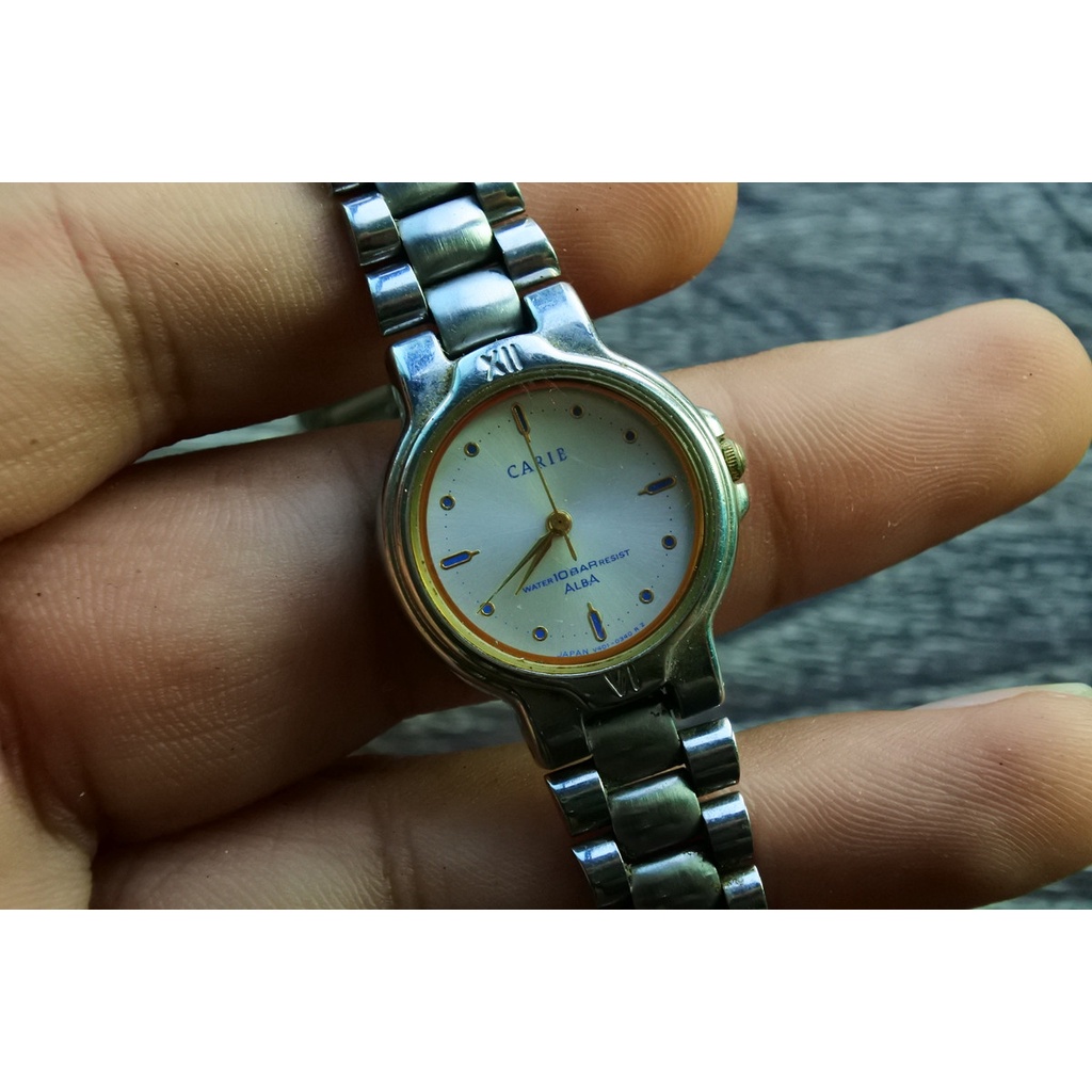นาฬิกา Vintage มือสองญี่ปุ่น ALBA CARIBระบบQuartz V401 0120 ผู้หญิง ทรงกลม กรอบเงิน หน้าขาว หน้าปัด 25mm