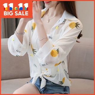 Korean version of loose versatile personalized printed chiffon perspective sun protection clothing, air conditioning clothing + two-piece sling