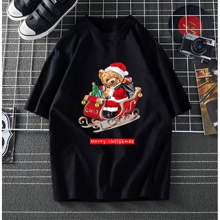 เสื้อยืดผ้าฝ้าย เสื้อยืดคริสต์มาสT SHIRT TEDDY BEAR TSHIRT WOMEN MEN MERRY CHRISTMAS SANTA CLAUS 100% COTTON BAJU T SHIR