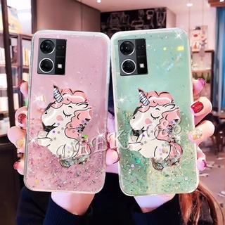 เคสโทรศัพท์มือถือ TPU ลายการ์ตูนยูนิคอร์นน่ารัก วิบวับ พร้อมขาตั้ง สําหรับ OPPO Reno7 Reno6 Z Pro A96 A76 4G 5G Reno 7 7Z 7Pro Reno 6 6Z 6Pro