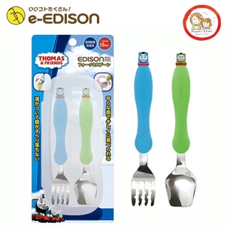 Edison Mama ช้อนส้อมสแตนเลส  สำหรับเด็กหัดทาน จากญี่ปุ่น 🇯🇵 ลายรถไฟ Thomas &amp; Friends ช้อนส้อมสำหรับเด็กอายุ 1.5 ขวบ+