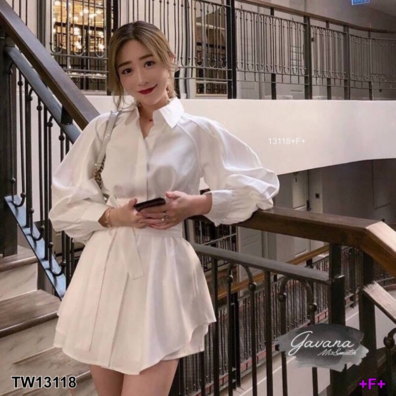 ES223  เซ็ต3ชิ้น เสื้อแขนยาวผ่าอกติดกระดุมหน้าคอปก ปลายแขนพองใส่สวยค่ะ มาพร้อมกางเกงขาสั้นสีเดียวกัน